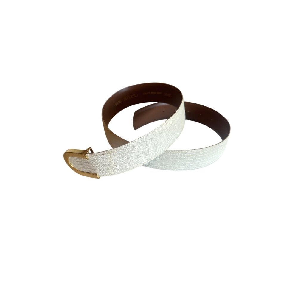 Cipriani Lizard Grain Leather Belt Large White & Gold U-Shaped Buckle‎